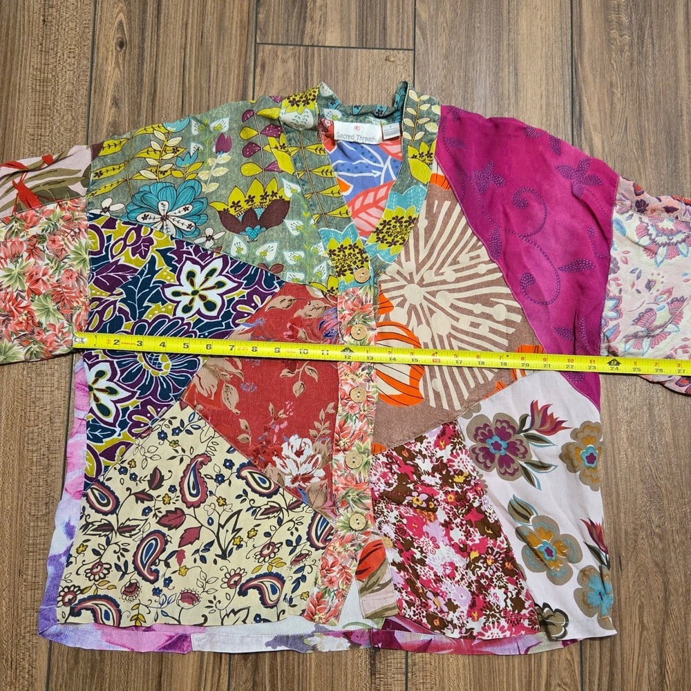 Sacred Threads Bohemian Indie Patchwork Rayon Button up Kimono Top Blouse Size S - Picture 12 of 12
